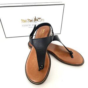 Coach and Four Calabria Black Leather T-strap Flat Sandals Thong NEW w Box NWT 6